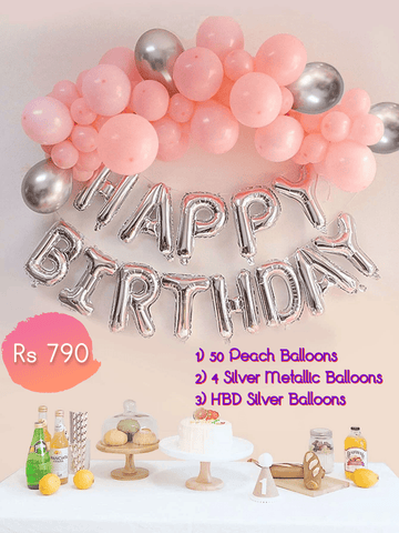 Balloons Bunch Happy Birthday Silver + 50 Milky Peach +Metallic Balloons