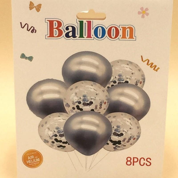 Balloons Confetti + Metallic Silver Pack of 8 - Basics.Pk