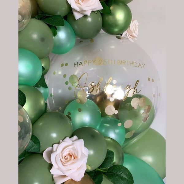 Balloons Backdrop-Rail with 2 Custom Balloons Happy Birthday Green