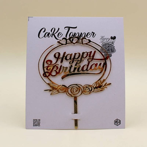 Cake Topper Acrylic Golden HBD Topper 3 Heart Roses