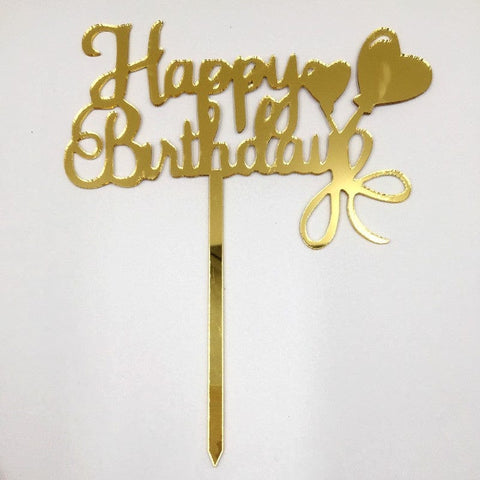 Cake Topper Acrylic Golden HBD 2 Hearts With Bow