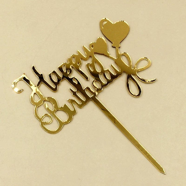 Cake Topper Acrylic Golden HBD 2 Hearts With Bow