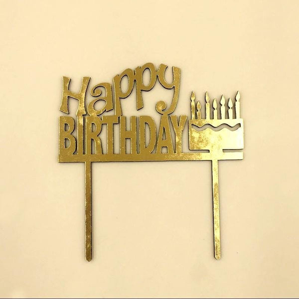 Cake Topper Acrylic  Happy Birthday with Cake - Golden - Basics.Pk