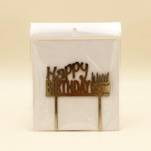 Cake Topper Acrylic  Happy Birthday with Cake - Golden - Basics.Pk