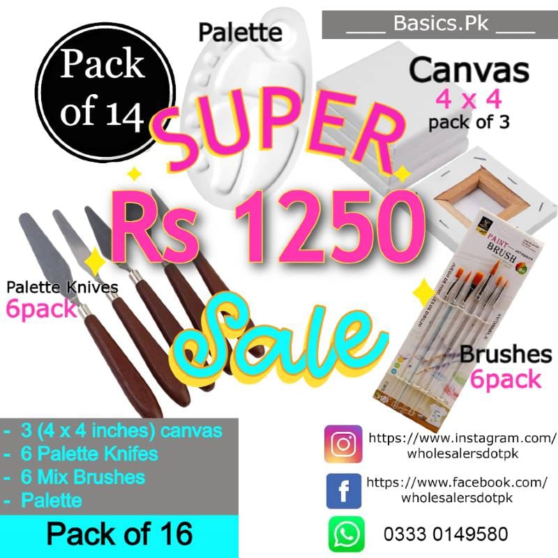 Art Pack of 16 - 3 (4x4") Canvas + 6 Pack brushes + Palette + Palette Knives