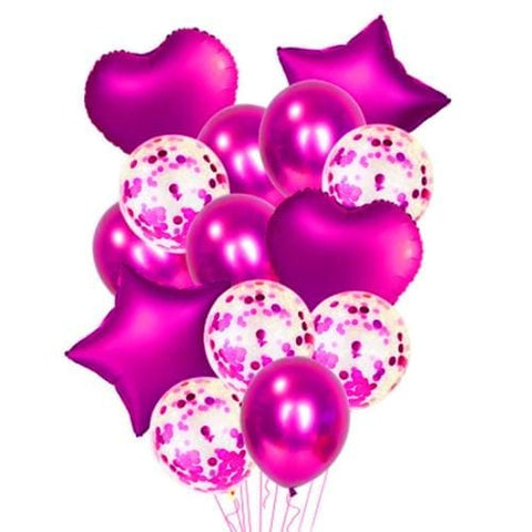 Balloons 5 Confetti + 5 Latex + 4 Foil Star&Heart (Pack of 14) Pink