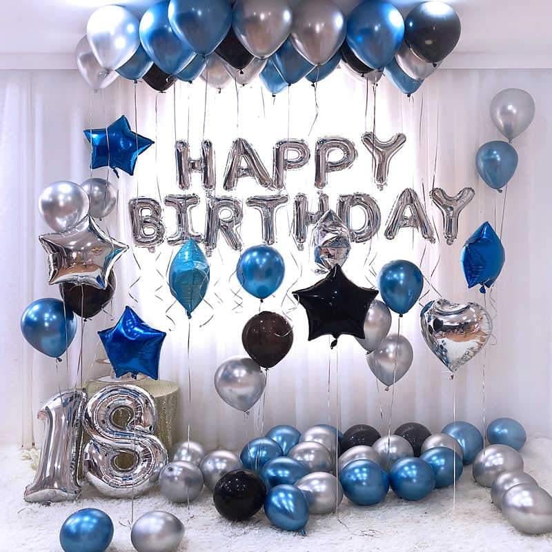 Balloons Bunch Blue, Silver, Black & Digit (Happy Birthday balloons) - Basics.Pk