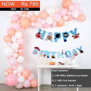 Balloons Bunch Happy Birthday Banner + 100 Milky Balloons + Garland Tape