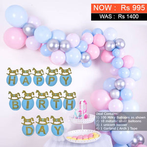 Balloons Bunch (Unicorn Happy Birthday Banner +100 Mix Milky Balloons+10 Silver Metallic Balloons + Garland Tape)