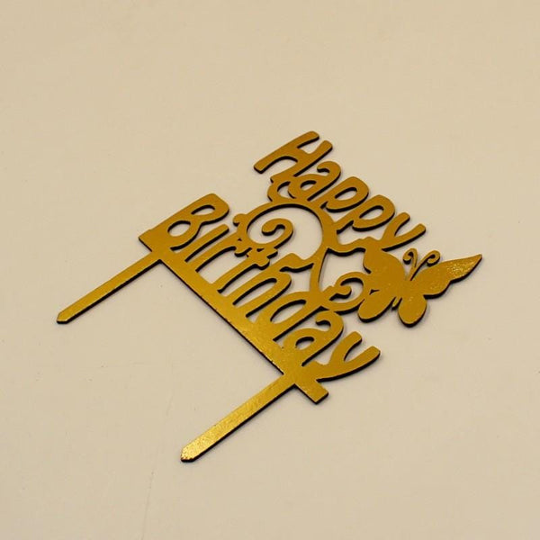 Cake Topper Happy Birthday Wooden Butterfly Golden - Basics.Pk