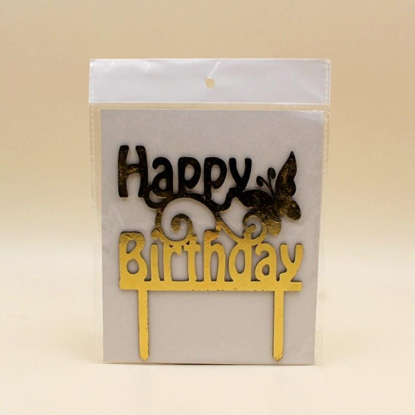Cake Topper Happy Birthday Wooden Butterfly Golden - Basics.Pk