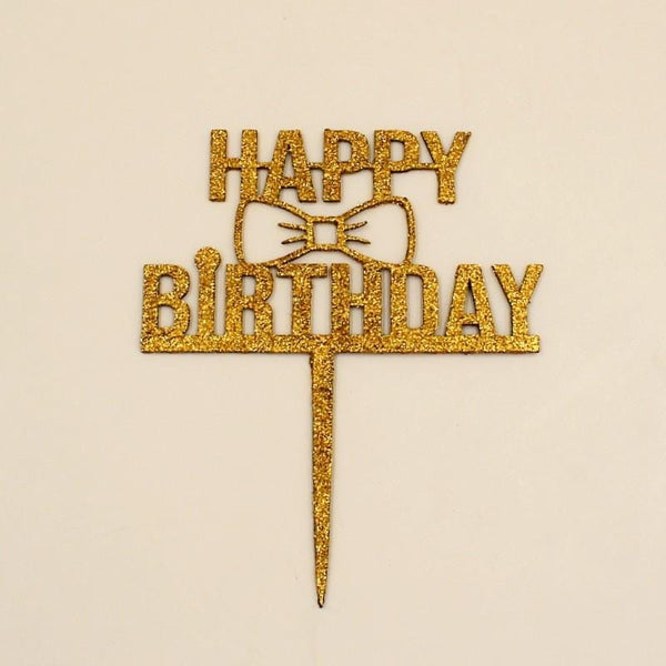 Happy Birthday Cake Topper Glitter with Bow - Golden - Basics.Pk
