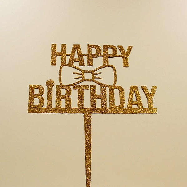 Happy Birthday Cake Topper Glitter with Bow - Golden - Basics.Pk