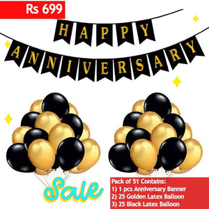 BALLOONS Anniversary Banner, Black & Golden Latex Balloons