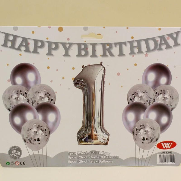 Balloons Metallic + Confetti + 32" Number 1 Silver ( pack of 13 ) - Basics.Pk