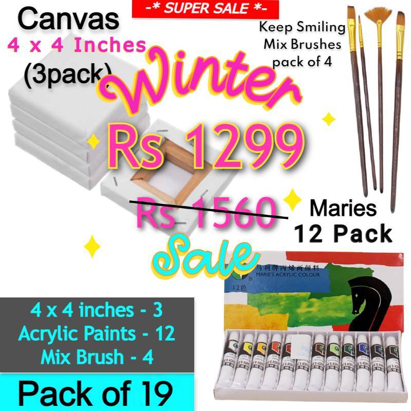 Art Pack of 19 - Maries Acrylic Paints + 3 Canvases + 4 Mix Brushes