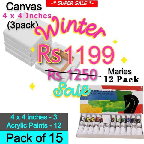 Art Pack of 15 - Maries Acrylic Paints + 3 Canvases