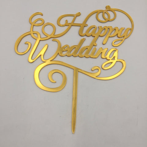 Cake Topper happy wedding Golden - Basics.Pk