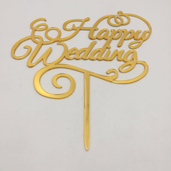 Cake Topper happy wedding Golden - Basics.Pk
