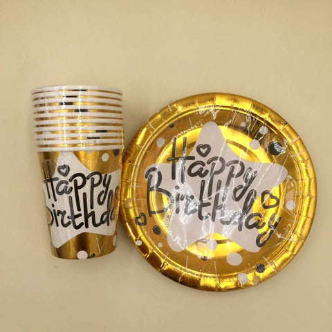 Plates (10 Small) & Cups HBD Golden Shine With White Star