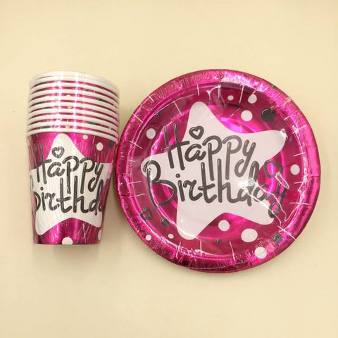Plates (10 Small) & Cups HBD Pink Shine With White Star