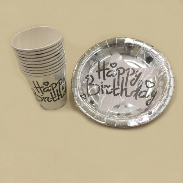 Plates (10 Small) & Cups HBD Silver Shine With White Star