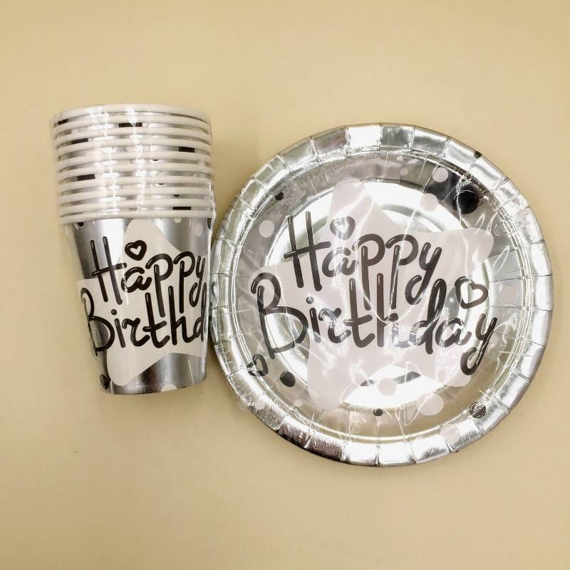 Plates (10 Small) & Cups HBD Silver Shine With White Star