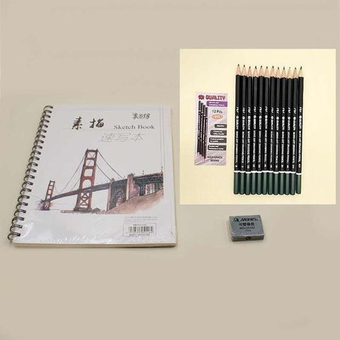 Sketching Deal QUALITY MONO Art Lead Sketching Pencils Pack of 12 + Maries Kneadable Eraser + Sketchbook
