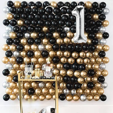 Balloons Bunch BACKDROP 100 Black + 50 Metallic Golden & Silver with Number Foil of your choosing