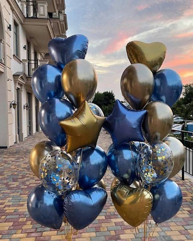 Balloon Bunch -  Metallic Blue & Golden + Confetti + Foil
