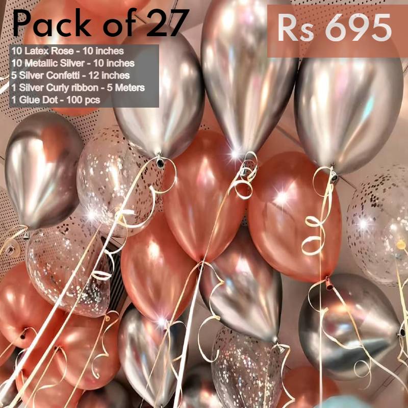 Balloons Bunch 10 Rose Latex + 10 Silver Metallic + 5 Confetti + Curly Ribbon + Glue Dot