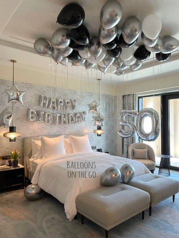 Balloon Bunch - Foil H-Birthday + Metallic Silver + White & Black Latex