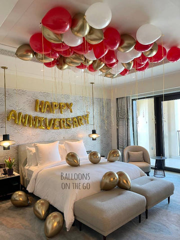Anniversary Balloon Pack - Foil H-Anniversary + Metallic Golden + White & Red Latex