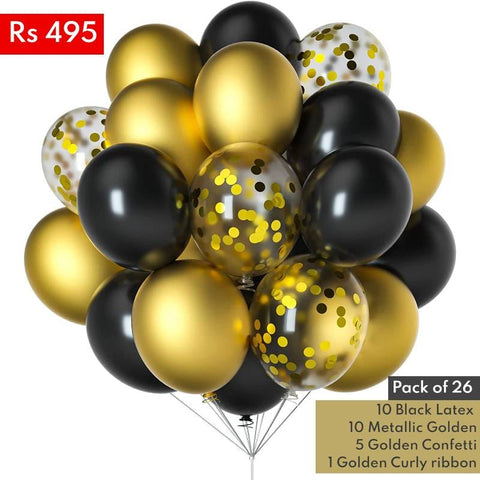 Balloons Bunch PACK OF 26 - 10 Black Latex + 10 Golden Metallic + 5 Confetti + Curly Ribbon