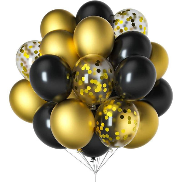 Balloons Bunch PACK OF 26 - 10 Black Latex + 10 Golden Metallic + 5 Confetti + Curly Ribbon