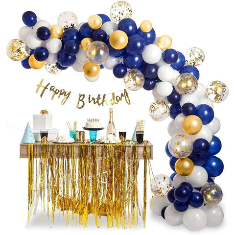 Balloons Bunch 10 metallic + 90 Latex + Banner + Golden Confetti + Garland Tape + Glue Dot Blue
