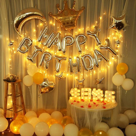 Balloons Bunch Silver Moon + Crown + Latex + HBD balloons ( Lights )