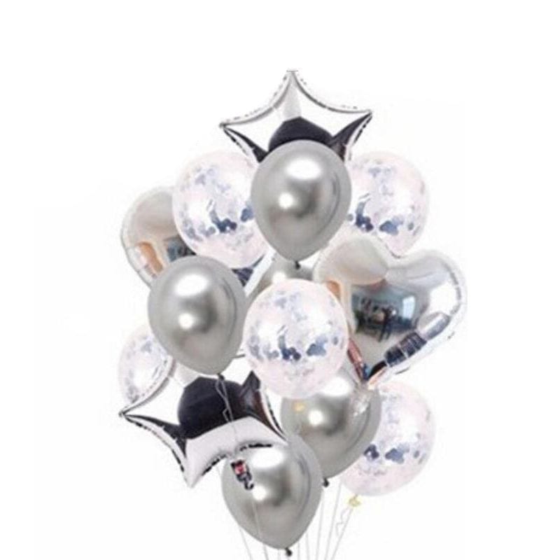 Balloons 5 Metallic + 5 Confetti + 4 Foil Star&Heart (Pack of 14) SILVER