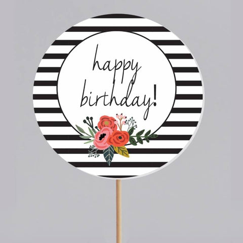 Cake Topper Black & White Stripes with Flowers