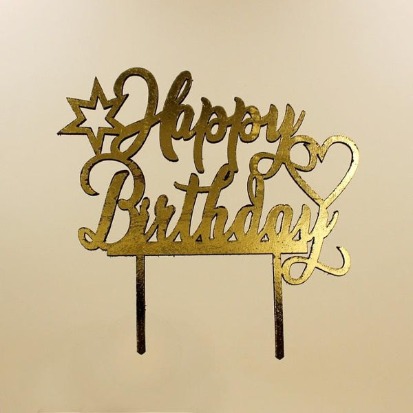 Cake Topper Acrylic  Happy Birthday with Star and Heart - Golden - Basics.Pk