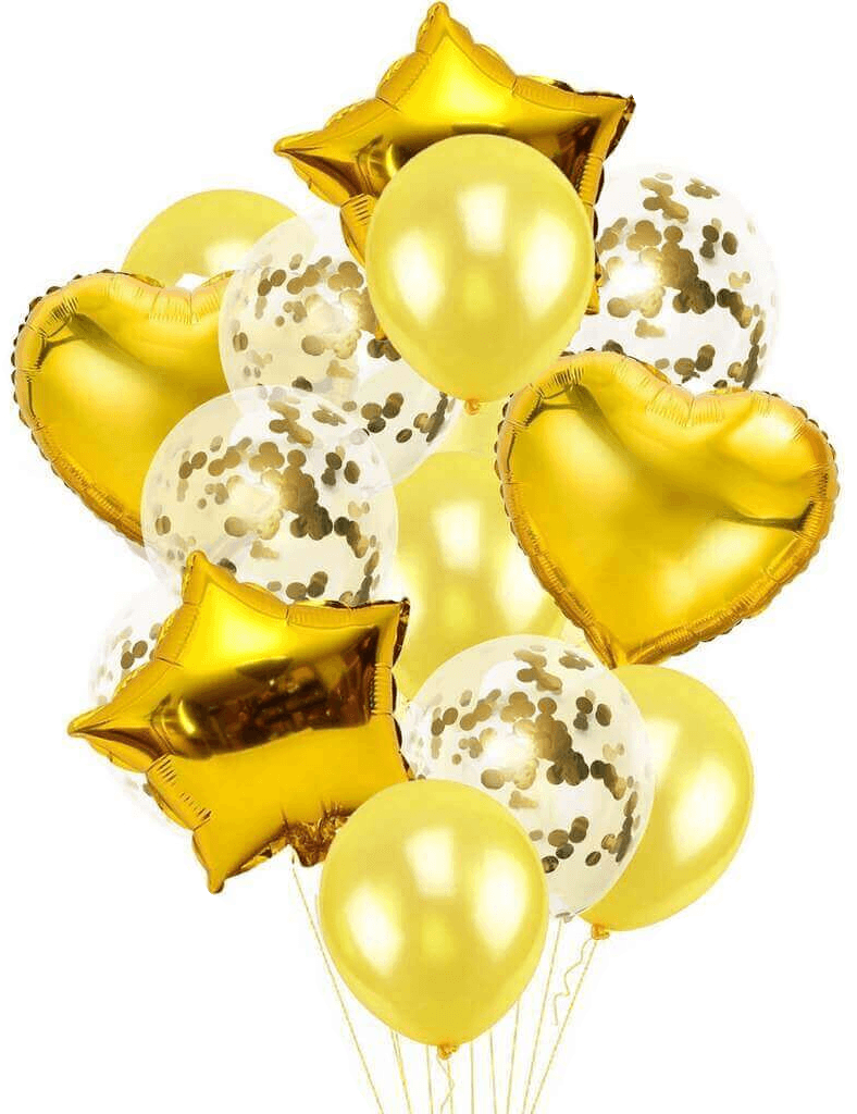 Balloons 5 Confetti + 5 Metallic + 4 Foil Star&Heart (Pack of 14) GOLDEN