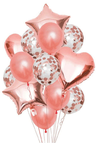 Balloons 5 Confetti + 5 Metallic + 4 Foil Star&Heart (Pack of 14) Rose Gold