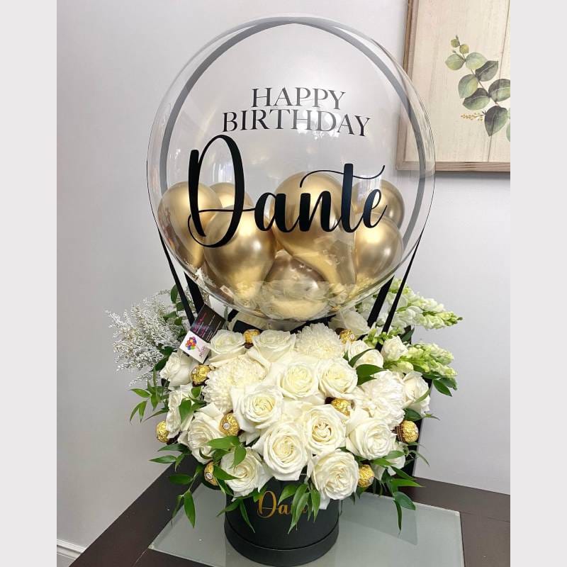 Basics Balloon Baskets (3B) - White Flowers & Golden Balloons Happy birthday Custom Writing