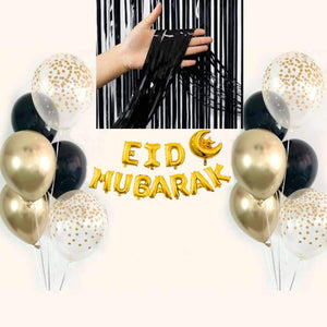 Eid Mubarak Balloons Bunch Metallic + Confetti + Latex with EID MUBARAK FOIL BALLOONS + Curtain Foil  Black