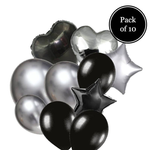 Balloons Foil + Latex Pack of 10 Silver Black