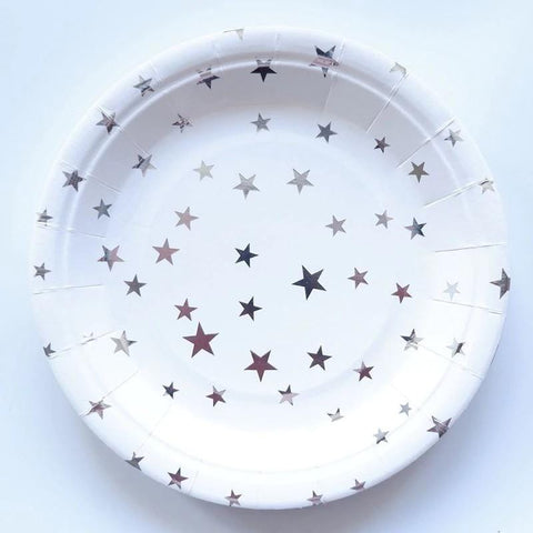 Plates (10 Small) Silver Reflective Star theme - Basics.Pk